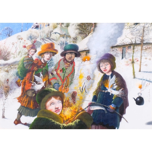 602 - Richard Adams (born 1960), A Winter Barbeque, coloured pastels, 2004, 40cm x 60cm, framed