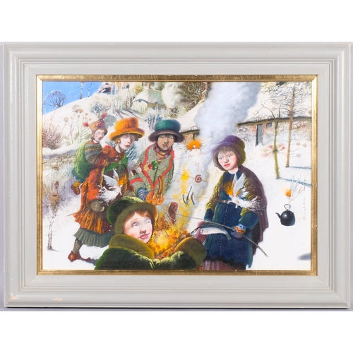 602 - Richard Adams (born 1960), A Winter Barbeque, coloured pastels, 2004, 40cm x 60cm, framed