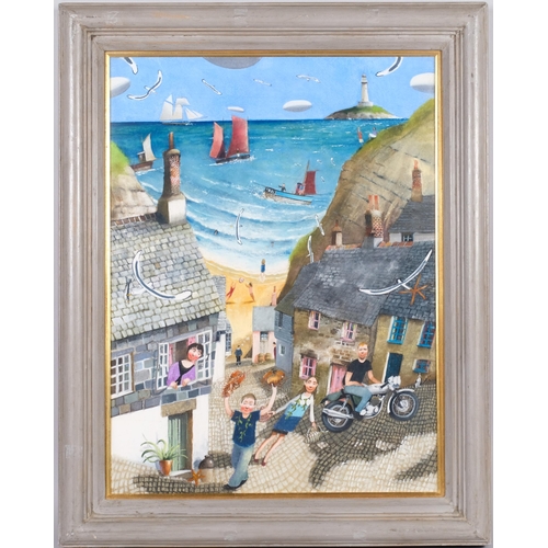 603 - Richard Adams (born 1960), A Cornish Fishing Village, coloured pastels, dated 2003, 60cm x 45cm, fra... 