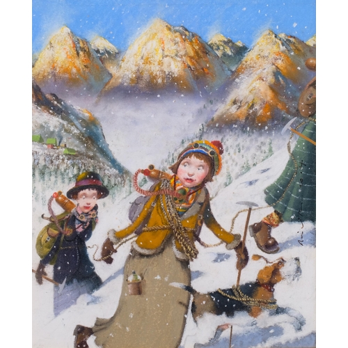 604 - Richard Adams (born 1960), A Hike In The Snowy Mountains, coloured pastels, dated 2014, 30cm x 25cm,... 