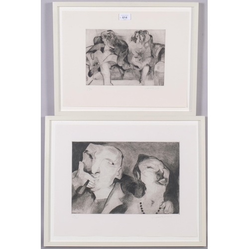 614 - Roland Jarvis (born 1931), 2 etchings, couple on a sofa, plate 19cm x 27cm, and portrait of a couple... 