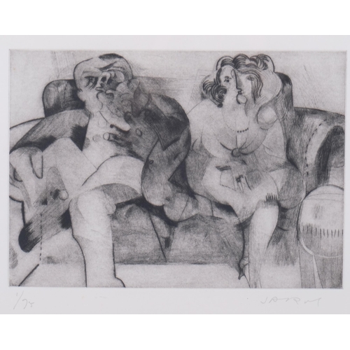 614 - Roland Jarvis (born 1931), 2 etchings, couple on a sofa, plate 19cm x 27cm, and portrait of a couple... 