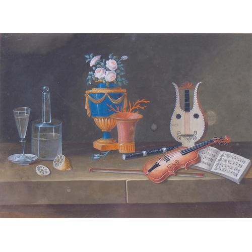 619 - Johann Rudolf Feyerabend (1779 - 1814), still life with musical instruments, watercolour, 15cm x 20c... 