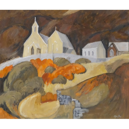 623 - Megan Jones (Welsh, 1936 - 2018), Hillside Church Swansea, artist studio label verso, 40cm x 48cm, f... 