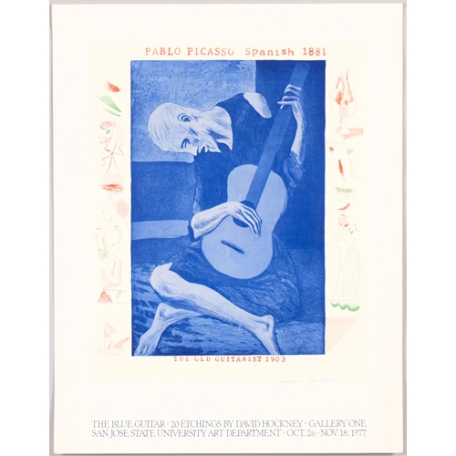 628 - David Hockney, exhibition poster print, The Blue Guitar, 20 etchings by David Hockney Gallery One 19... 