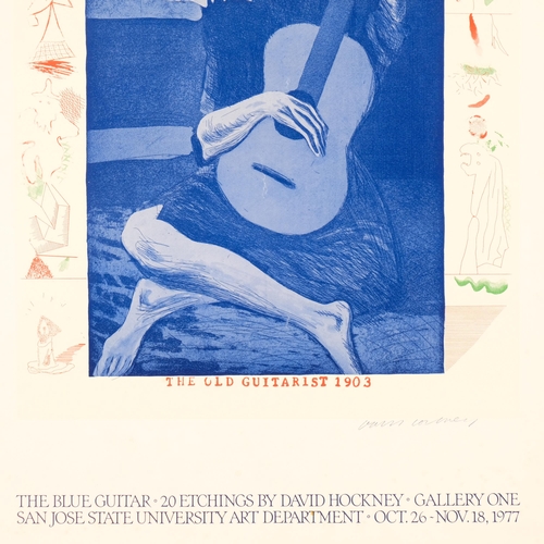 628 - David Hockney, exhibition poster print, The Blue Guitar, 20 etchings by David Hockney Gallery One 19... 