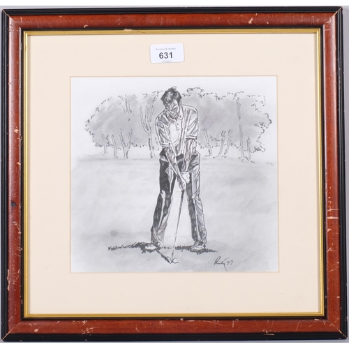 631 - Harold Riley (1934 - 2023), Golfer, ink and wash, 1977, 22cm x 23cm, framed