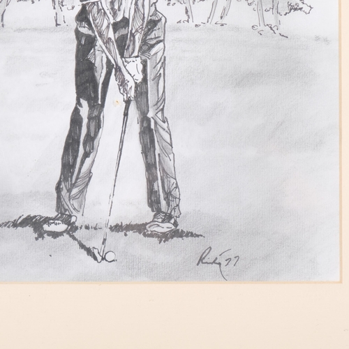 631 - Harold Riley (1934 - 2023), Golfer, ink and wash, 1977, 22cm x 23cm, framed