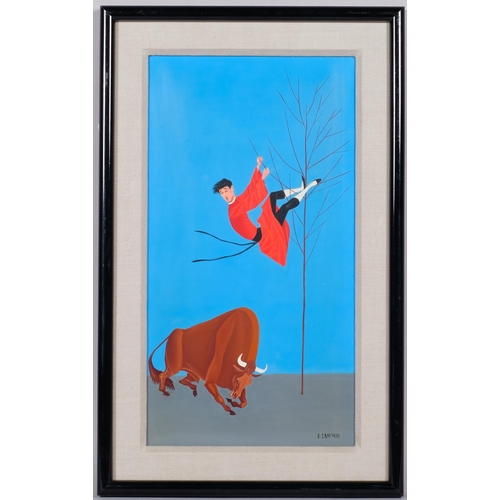 639 - V Canevari, priest climbing a tree to escape a bull, oil on board, 39cm x 20cm, framed