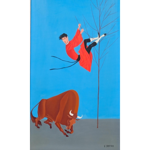 639 - V Canevari, priest climbing a tree to escape a bull, oil on board, 39cm x 20cm, framed