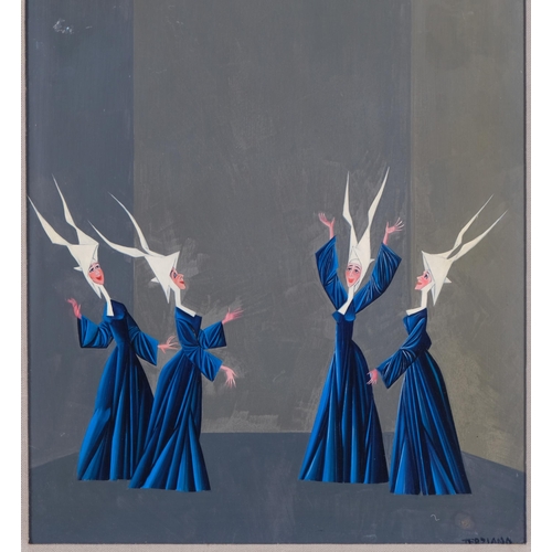 640 - Terziano, pair of oils on board, nuns with a balloon, and a choir, 54cm x 29cm, framed