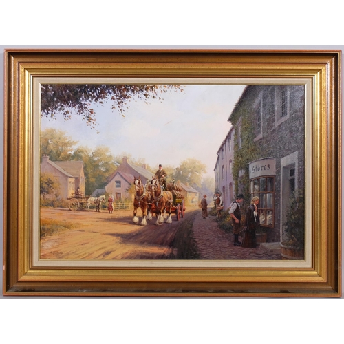 643 - R Moseley, village street scene, oil on canvas, 50cm x 75cm, framed