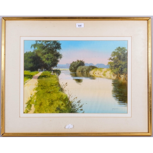 648 - John Haskins, fisherman by a canal, oil on board, signed, 35cm x 50cm