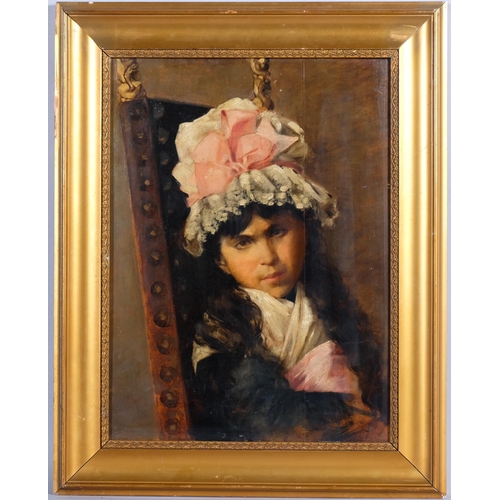 655 - 19th century portrait of a girl, oil on wood panel, unsigned, 45cm x 33cm, framed