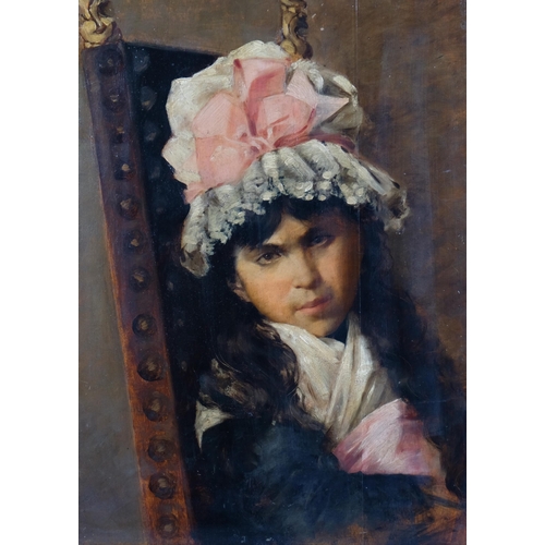 655 - 19th century portrait of a girl, oil on wood panel, unsigned, 45cm x 33cm, framed