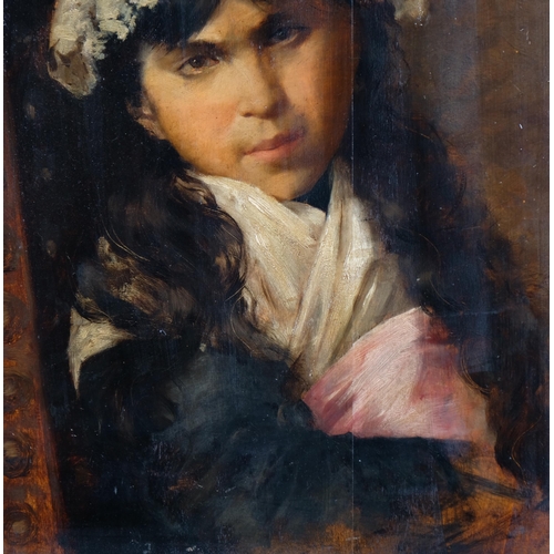 655 - 19th century portrait of a girl, oil on wood panel, unsigned, 45cm x 33cm, framed