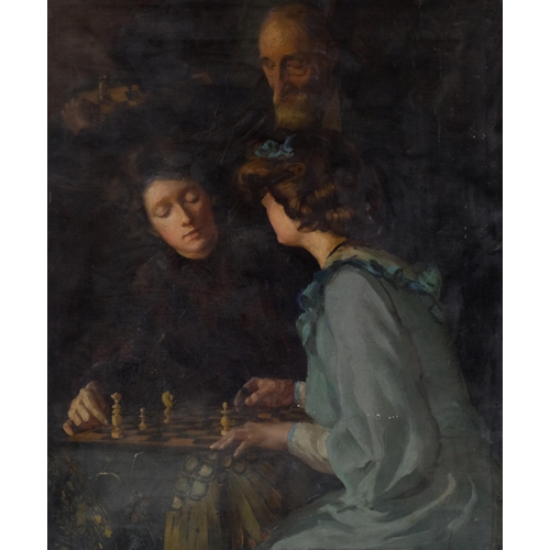 656 - A game of chess, 19th century oil on canvas, unsigned, 76cm x 63cm, unframed