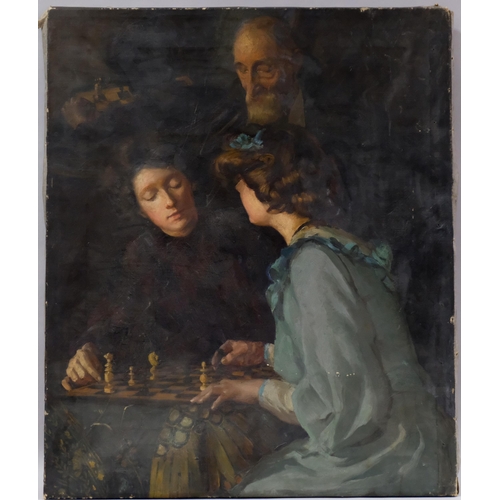 656 - A game of chess, 19th century oil on canvas, unsigned, 76cm x 63cm, unframed