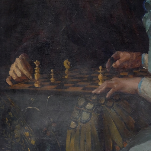 656 - A game of chess, 19th century oil on canvas, unsigned, 76cm x 63cm, unframed