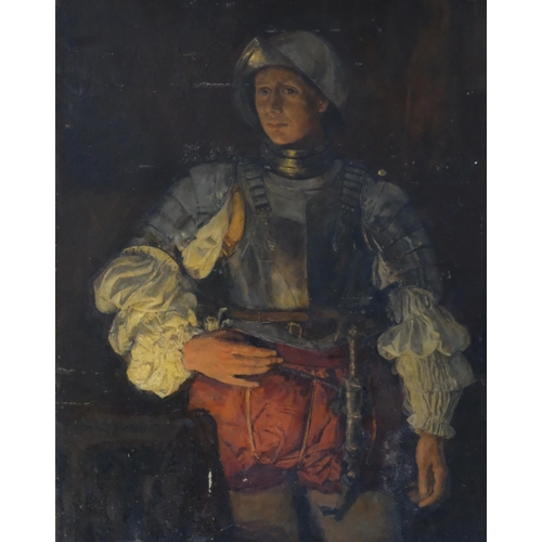 657 - Portrait of a man in armour after George Weissbort, oil on board, unsigned, 83cm x 60cm, framed