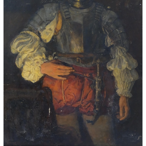 657 - Portrait of a man in armour after George Weissbort, oil on board, unsigned, 83cm x 60cm, framed