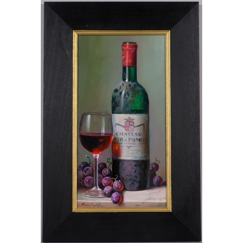 658 - Raymond Campbell (born 1956), Chateau Latour a Pomerol, 1985, still life oil on board, 37cm x 19cm, ... 