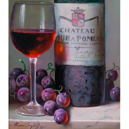 658 - Raymond Campbell (born 1956), Chateau Latour a Pomerol, 1985, still life oil on board, 37cm x 19cm, ... 