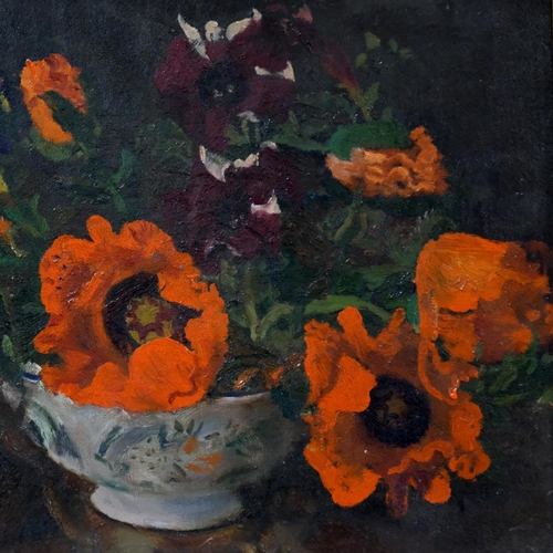 721 - Alfred Reginald Thomson (1895 - 1979), still life poppies and irises, oil on board, 30cm x 38cm, fra... 