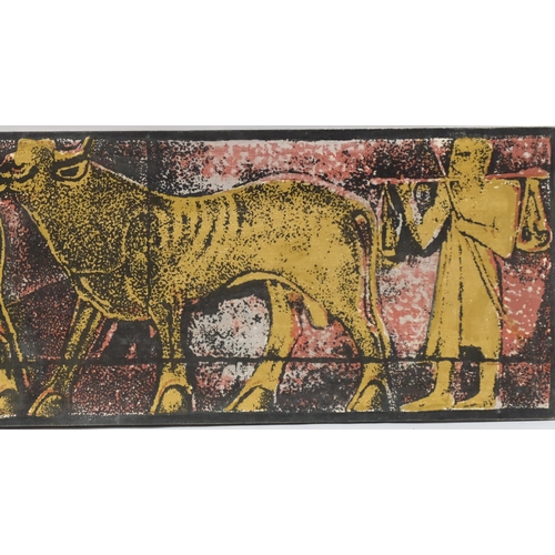 727 - Sudanese School, cattle and herdsman, batik painting, 51cm x 173cm, unframed