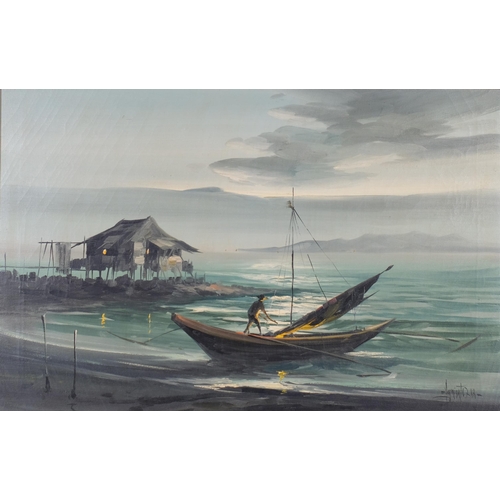 729 - Edgardo Sarmiento (born 1940), coastal fishing huts, 1968, oil on canvas, 59cm x 89cm, framed