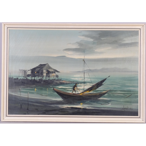 729 - Edgardo Sarmiento (born 1940), coastal fishing huts, 1968, oil on canvas, 59cm x 89cm, framed