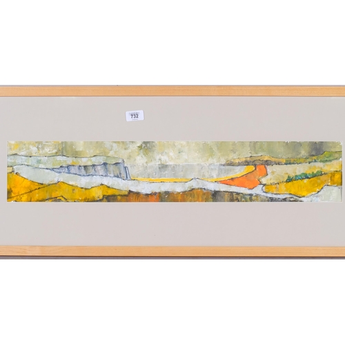 732 - Owen Lyndon Thomas, Fall Bay Gower, acrylic on paper, 13cm x 71cm, framed