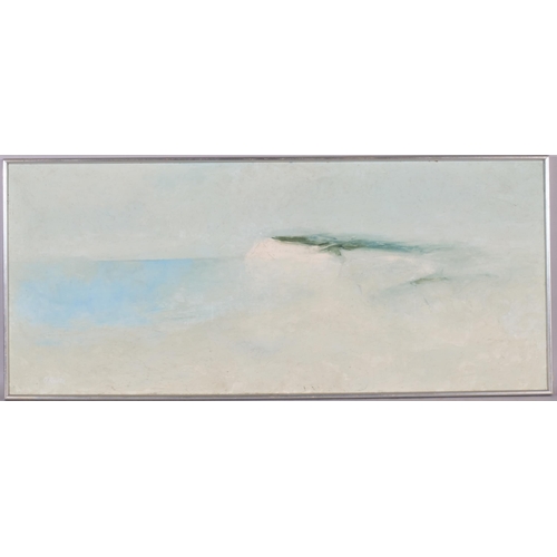 742 - B O'Rourke, cliffs in the mist, oil on board, signed, 46cm x 106cm, framed