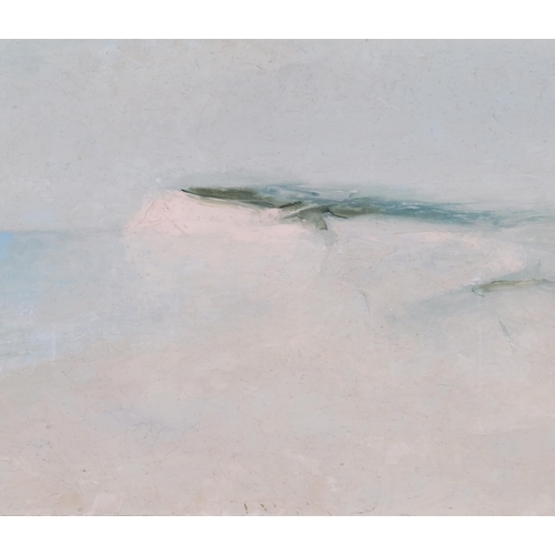 742 - B O'Rourke, cliffs in the mist, oil on board, signed, 46cm x 106cm, framed