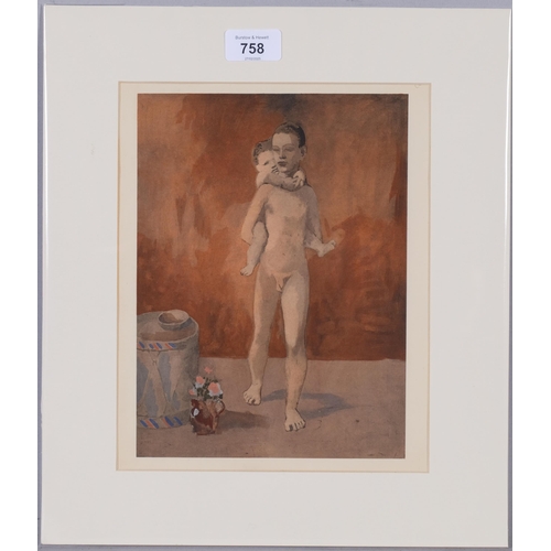 758 - After Pablo Picasso, young man and child, pochoir, 1928, 24.5cm x 18cm, mounted