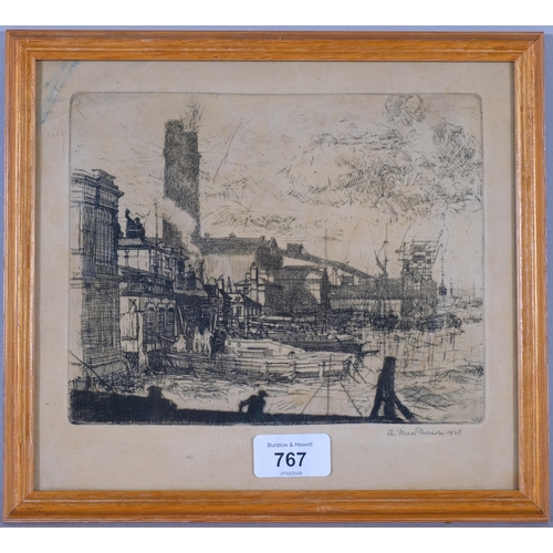 767 - Alexander MacPherson (1904 - 1970), Docklands Scene, possibly Greenwich Power Station, etching, sign... 