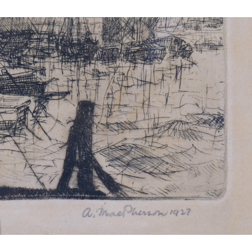 767 - Alexander MacPherson (1904 - 1970), Docklands Scene, possibly Greenwich Power Station, etching, sign... 