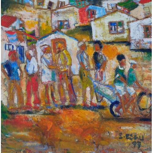 774 - Sandy Esau (1968 - 2021), Township, oil on board, 1999, 58cm x 58cm, framed