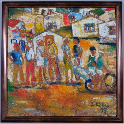 774 - Sandy Esau (1968 - 2021), Township, oil on board, 1999, 58cm x 58cm, framed