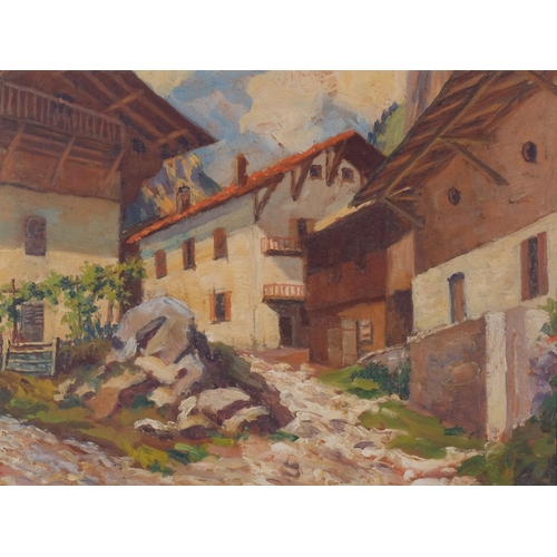 888 - Alpine chalets, mid-20th century oil on board, unsigned, 30cm x 40cm, framed