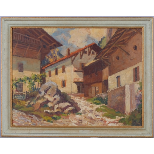 888 - Alpine chalets, mid-20th century oil on board, unsigned, 30cm x 40cm, framed