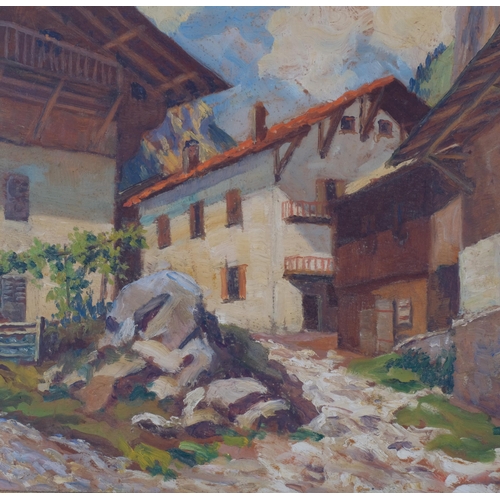 888 - Alpine chalets, mid-20th century oil on board, unsigned, 30cm x 40cm, framed