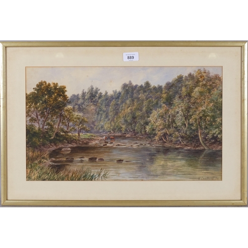 889 - Elijah Cawthorne (1843 - 1913), cattle in river landscape, 1902, watercolour, 28cm x 48cm, framed