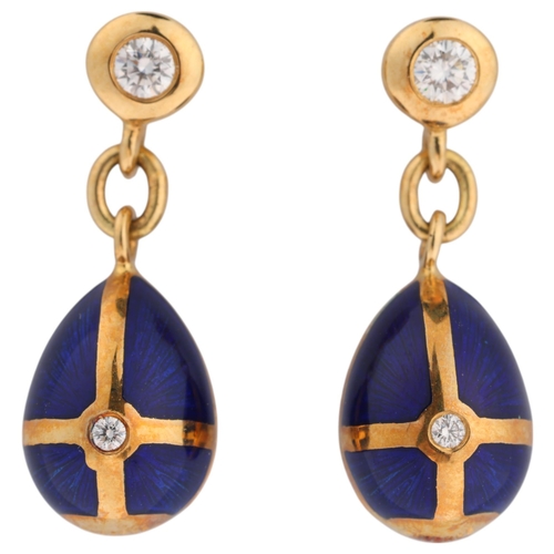 1103 - FABERGE - a pair of 18ct gold blue enamel and diamond egg stud earrings, set with modern round brill... 