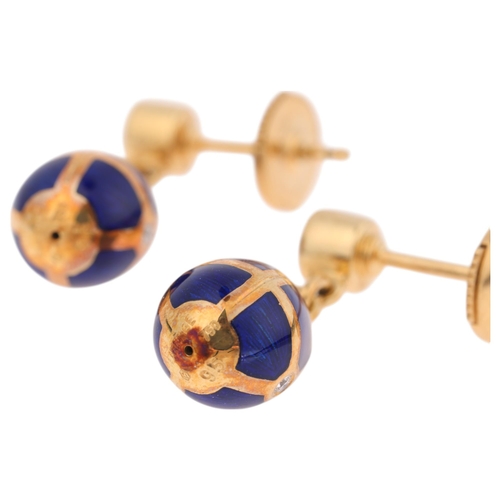 1103 - FABERGE - a pair of 18ct gold blue enamel and diamond egg stud earrings, set with modern round brill... 