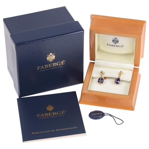 1103 - FABERGE - a pair of 18ct gold blue enamel and diamond egg stud earrings, set with modern round brill... 