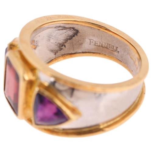 1106 - THEO FENNELL - an 18ct two-colour gold three stone garnet and amethyst bombe ring, London 1991, rub-... 