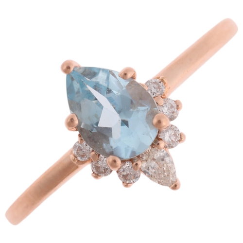 1107 - A 14ct rose gold aquamarine and diamond crown ring, maker BE, claw set with pear-cut aquamarine, pea... 