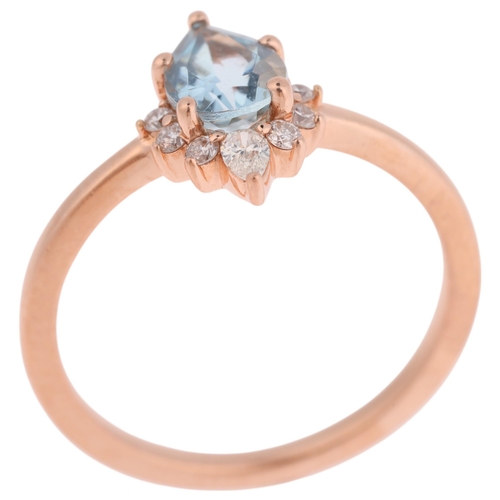 1107 - A 14ct rose gold aquamarine and diamond crown ring, maker BE, claw set with pear-cut aquamarine, pea... 