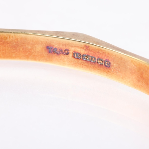 1108 - A large Art Deco 15ct gold bangle, T & H Crathorne Ltd, Birmingham 1927, faceted form with engine tu... 